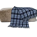 Cozy Brown Upholstered Sofa Bench With Blue White Plaid Fringe Blanket