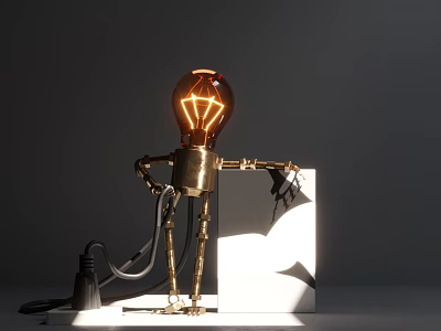 Bulb shaped Decorative Lamp with Humanoid Metal Stand Holding White Block and Warm Light 3d model