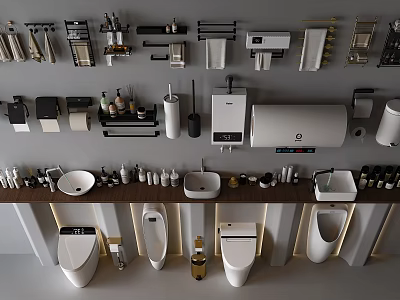 Modern Stylish Toilets In Bathroom Display With Sinks Towel Racks And Accessories 3d model