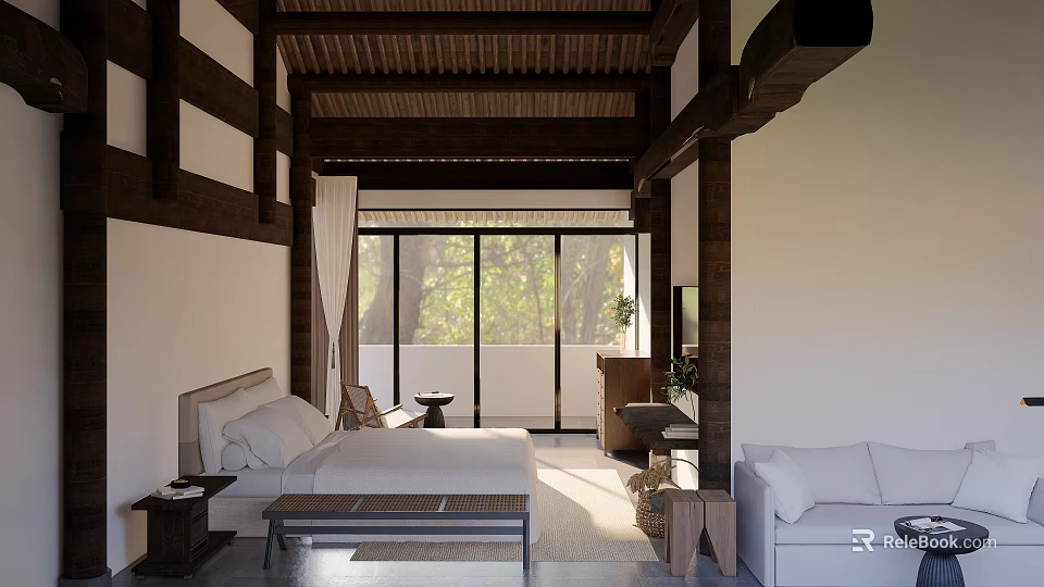 Hotel Room Interior Design Featuring Wooden Ceiling King Bed Sofa And Floor to Ceiling Windows 3d model 