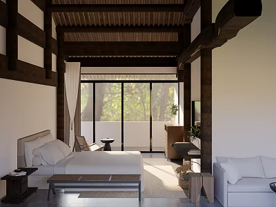 Hotel Room Interior Design Featuring Wooden Ceiling King Bed Sofa And Floor to Ceiling Windows 3d model