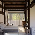 Hotel Room Interior Design Featuring Wooden Ceiling King Bed Sofa And Floor to Ceiling Windows