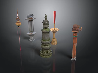 Traditional Chinese Architectural Components With Stone Pagoda Carved Column And Candle Holder 3d model