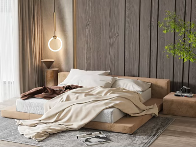 Modern Double Bed in Bedroom with Wooden Wall Light Bedding Hanging Lamp and Green Plant 3d model