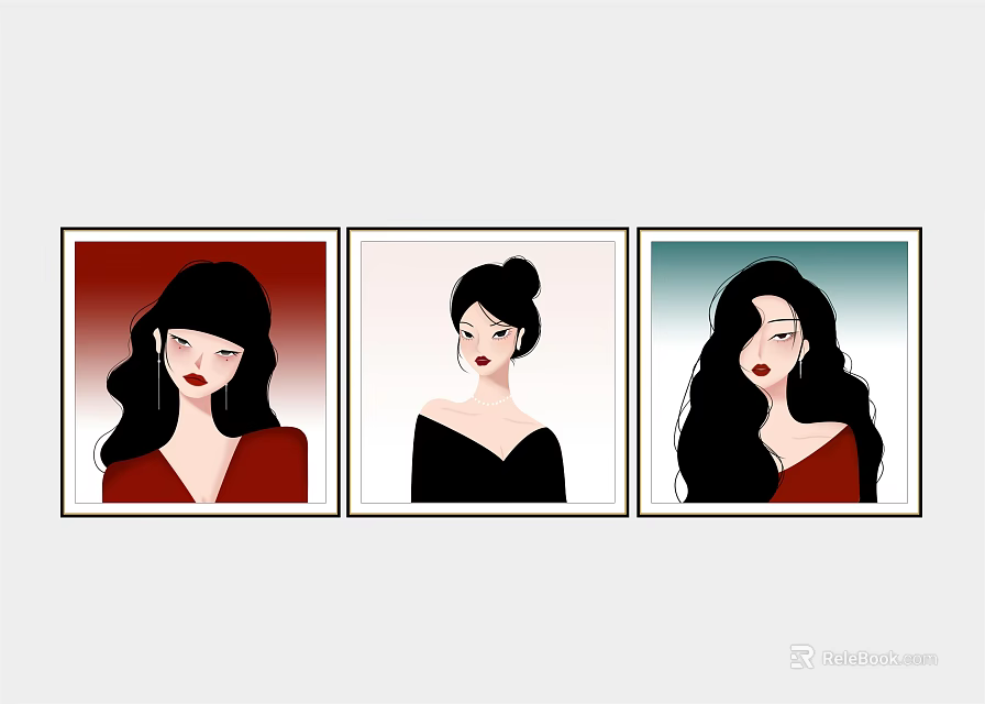 Three Modern Feminine Portrait Paintings With Different Hairstyles And Colorful Backgrounds 3d model 