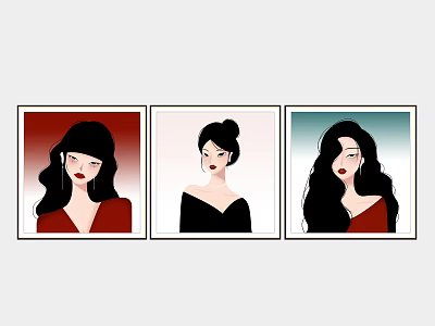 Three Modern Feminine Portrait Paintings With Different Hairstyles And Colorful Backgrounds 3d model