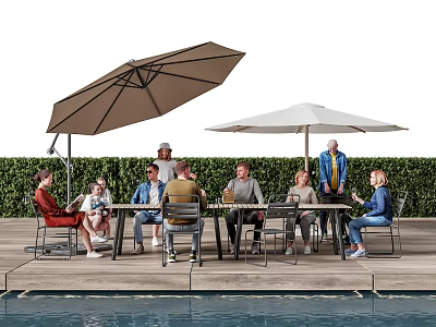 People enjoying outdoor gathering by table with umbrellas near pool and hedge 3d model