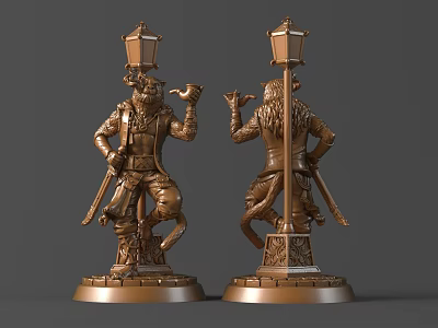 Monkey Statue Holding Pipe And Sword With Lamp Post Base In Bronze Finish 3d model