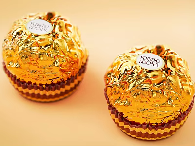 Gold Foil Wrapped Ferrero Rocher Chocolate Balls with Brown Striped Paper Cups 3d model