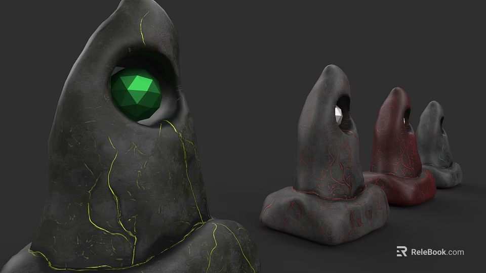 Three Unique Stone Sculptures Featuring Green Gemstone Eyes And Cracked Texture 3d model 