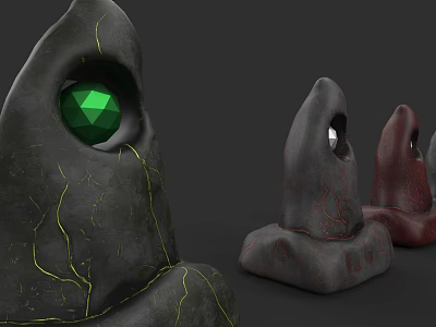 Three Unique Stone Sculptures Featuring Green Gemstone Eyes And Cracked Texture 3d model