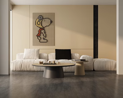 Modern Beige Three Seater Sofa With Pillows Black Pillow Round Coffee Table And Wall Art 3d model