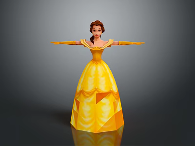 Belle Princess in Yellow Ball Gown with Outstretched Arms and Pleated Skirt Design 3d model