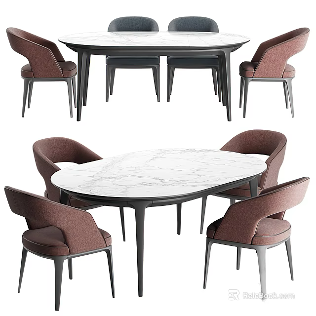 Modern Dining Table Set With White Marble Top And Brown Upholstered Chairs 3d model