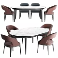 Modern Dining Table Set With White Marble Top And Brown Upholstered Chairs 3d model