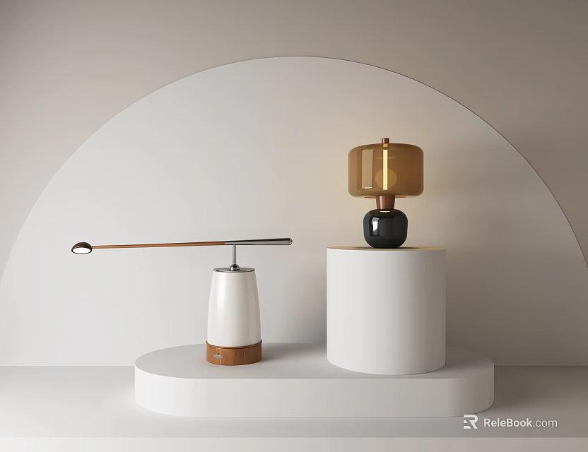 Stylish Table Lamps with Gold Shade Black Base and White Brown Design on Curved Wall 3d model 