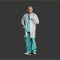 Game Movie Doctor Character Wearing White Coat And Green Scrubs Holding Stethoscope Against Gray Background