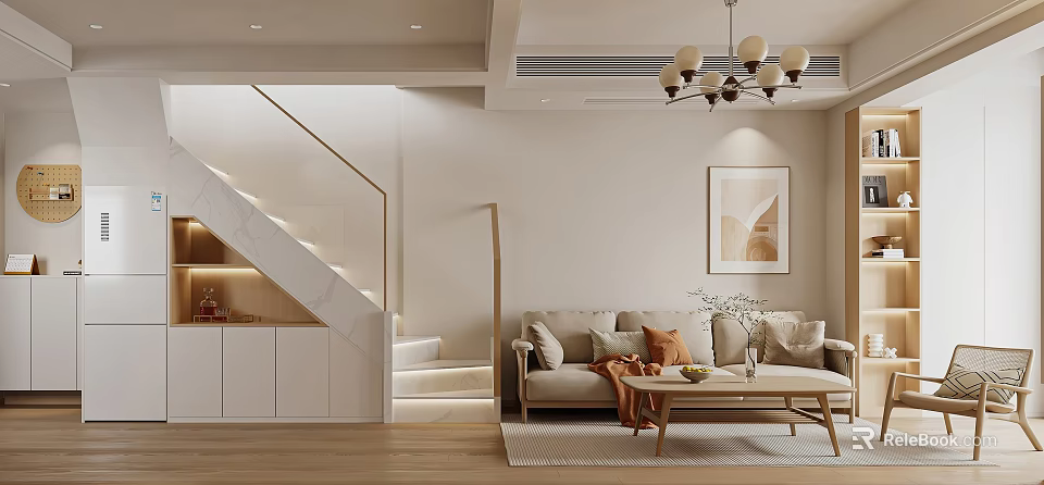 Modern Living Dining Room Interior Design With Sofa Coffee Table And Staircase 3d model