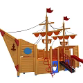 Wooden Pirate Ship Playground Equipment with Red Slide Climbing Ladder and Sail Flags