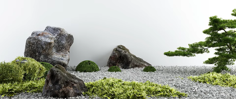 Japanese Style Garden Ornament With Natural Rocks Small Shrubs Green Plants On Gravel Ground 3d model 