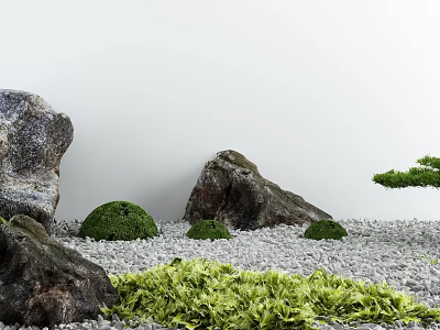 Japanese Style Garden Ornament With Natural Rocks Small Shrubs Green Plants On Gravel Ground 3d model