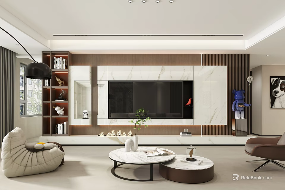 Modern Living Room With Wooden Wall Marble TV Backdrop Bookshelf Round Coffee Table Green Plant 3d model 