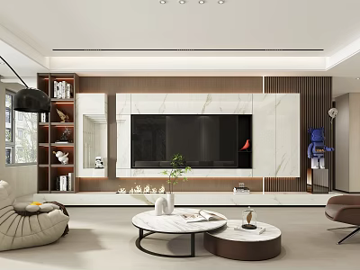 Modern Living Room With Wooden Wall Marble TV Backdrop Bookshelf Round Coffee Table Green Plant 3d model