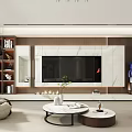 Modern Living Room With Wooden Wall Marble TV Backdrop Bookshelf Round Coffee Table Green Plant