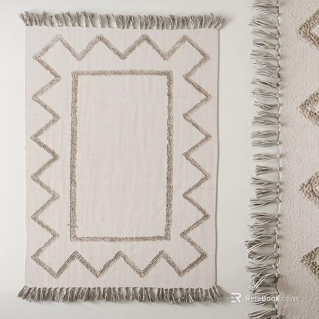 Stylish Square Rug With Geometric Zigzag Border Fringe And Diamond Design In Neutral Tones 3d model 