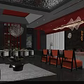 Private Dining Room Interior With Chinese Style Chandeliers Dining Table Sofas And Calligraphy 3d model