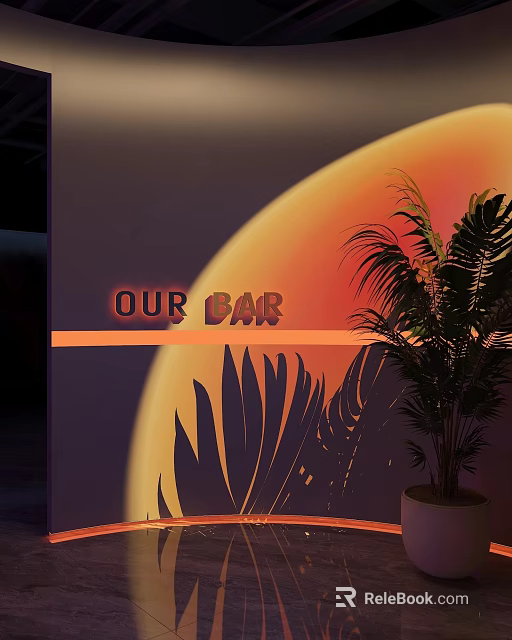 Commercial Bar Equipment With Illuminated Sign And Palm Leaves Shadow Design 3d model 