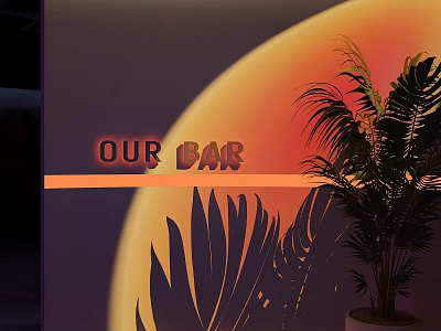 Commercial Bar Equipment With Illuminated Sign And Palm Leaves Shadow Design 3d model