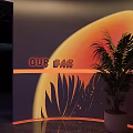 Commercial Bar Equipment With Illuminated Sign And Palm Leaves Shadow Design