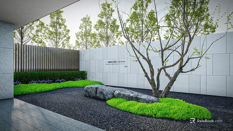 Modern Landscape Wall In Outdoor Garden With Trees Rocks Green Lawn And Black Gravel 3d model 