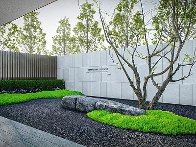 Modern Landscape Wall In Outdoor Garden With Trees Rocks Green Lawn And Black Gravel 3d model