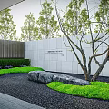 Modern Landscape Wall In Outdoor Garden With Trees Rocks Green Lawn And Black Gravel