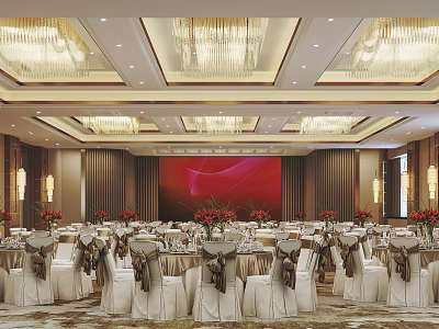Elegant Banquet Hall Interior With Round Tables White Chair Covers Crystal Chandeliers And Red Backdrop 3d model