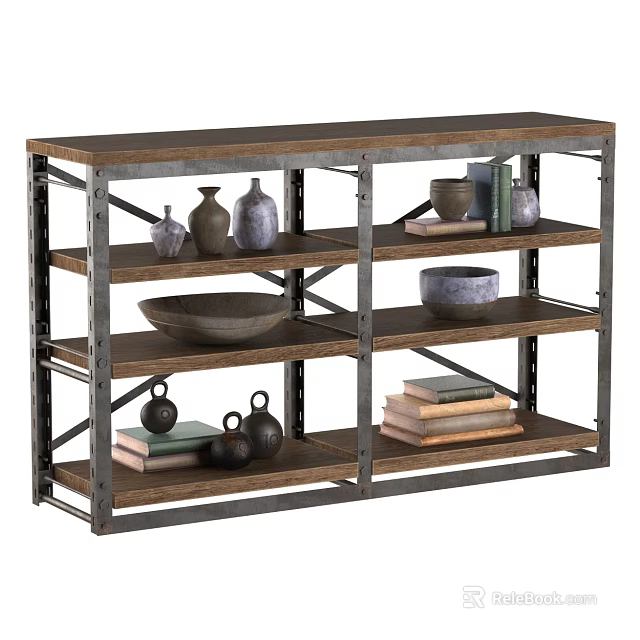 Industrial Style Metal Frame Wooden Shelf with Vases Bowls Books and Decorative Item Collection 3d model 