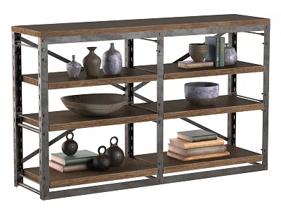 Industrial Style Metal Frame Wooden Shelf with Vases Bowls Books and Decorative Item Collection 3d model