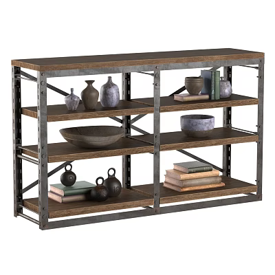 Industrial Style Metal Frame Wooden Shelf with Vases Bowls Books and Decorative Item Collection 3d model