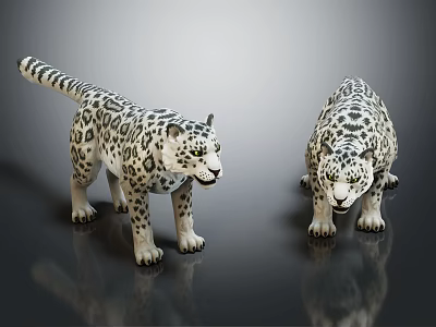 Two Detailed Snow Leopards Figurines With Spotted Fur And Lifelike Poses 3d model