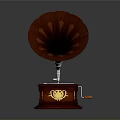 Vintage Gramophone with Red Horn Wooden Base and Golden Decorations as Classic Home Living Accessory