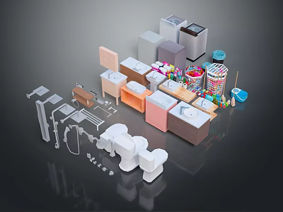 Modern Bathroom Combination with Toilet Sink Cabinets and Colorful Accessories 3d model