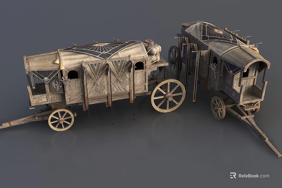 Two Vintage Wooden Carriages With Canopy Top And Decorative Wheels On Gray Background 3d model 