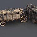 Two Vintage Wooden Carriages With Canopy Top And Decorative Wheels On Gray Background