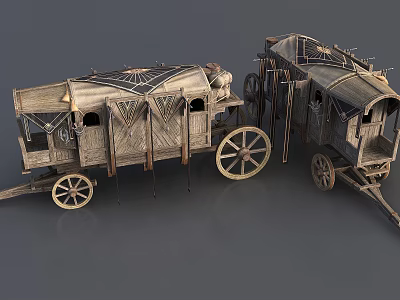 Two Vintage Wooden Carriages With Canopy Top And Decorative Wheels On Gray Background 3d model