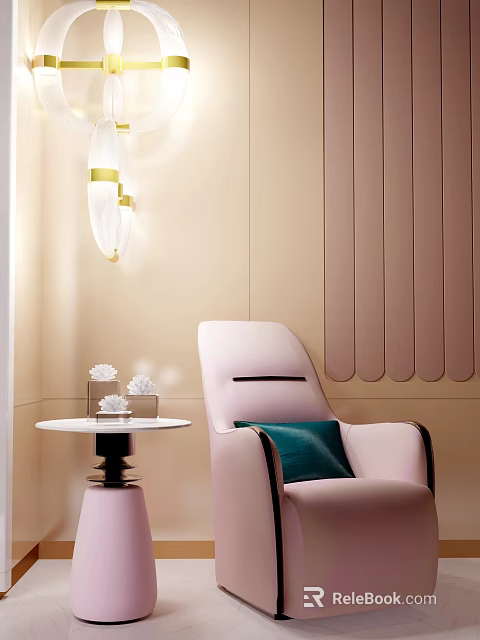 Modern Pink Single Sofa With Green Pillow Round Table Vertical Wall Panels And Pendant Light 3d model 