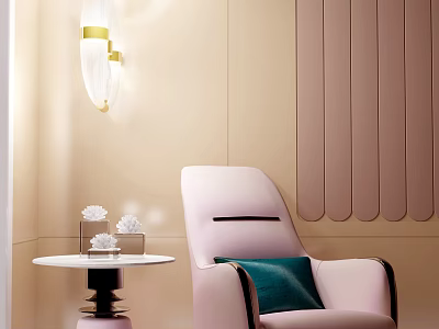 Modern Pink Single Sofa With Green Pillow Round Table Vertical Wall Panels And Pendant Light 3d model