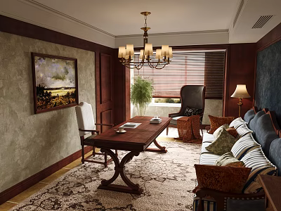 Traditional Dining and Living Room Interior With Wooden Table Sofa Chandelier And Area Rug 3d model