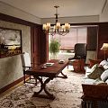 Traditional Dining and Living Room Interior With Wooden Table Sofa Chandelier And Area Rug